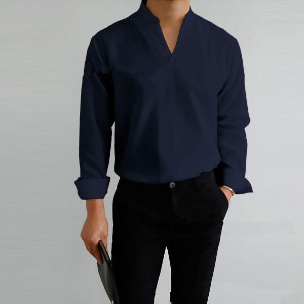 Camicia uomo collo alto manica lunga non stiro colore blu scuro