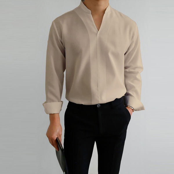 Camicia uomo collo alto manica lunga non stiro colore beige