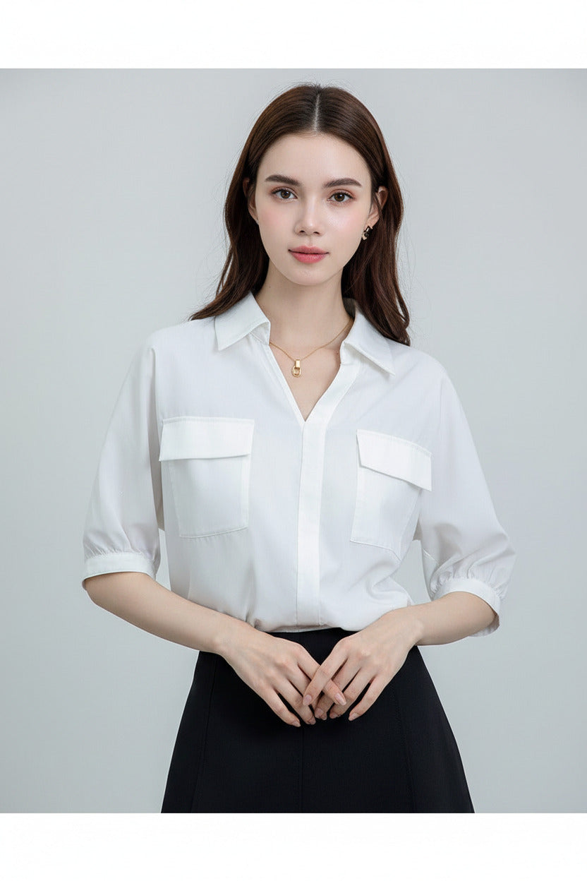 Camicia estiva elegante bianca, trasperente per donna a manica corta