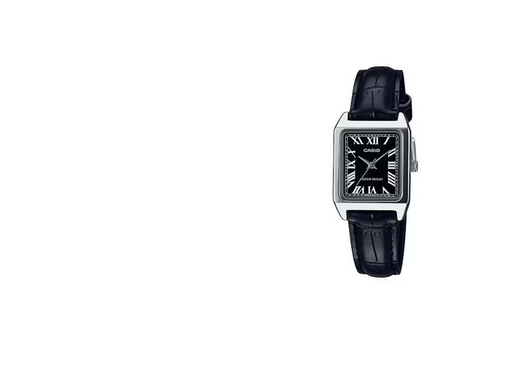 Elegante orologio Casio LTP-V007L-1B con cassa placcata argento, quadrante nero e cinturino in pelle nera. Movimento al quarzo, resistenza all'acqua fino a 30 m.