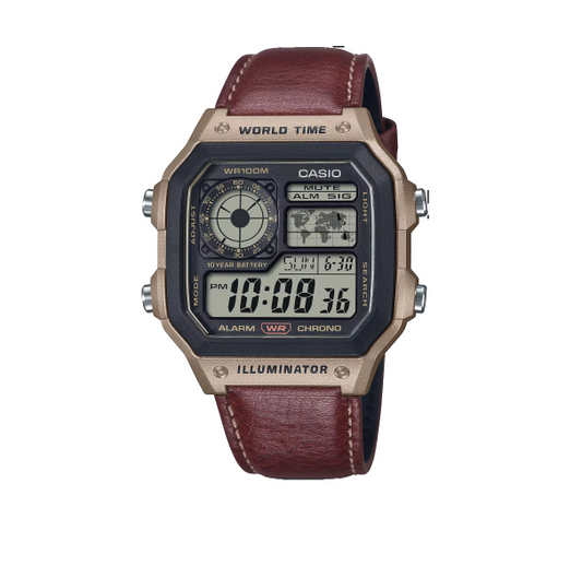 Scopri il Casio AE-1200WHL-5A: orologio digitale da uomo con cinturino in pelle marrone, cronometro, allarmi, orario mondiale e resistenza all’acqua