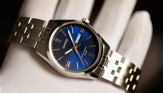 Orologio casio per uomo, quadrante colore blu con segna data e giorno della settimana, con cinturino in acciaio color argento, movimento al quarzo, modello: MTP-1335D-2A2