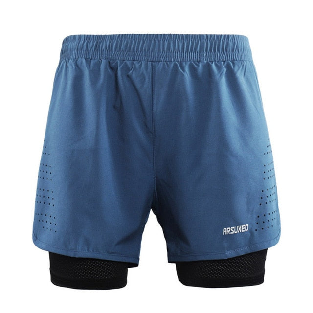 Pantaloncini da corsa 2 in 1 uomo con fodera lunga, ideali per allenamenti intensi e maratone, colore blu