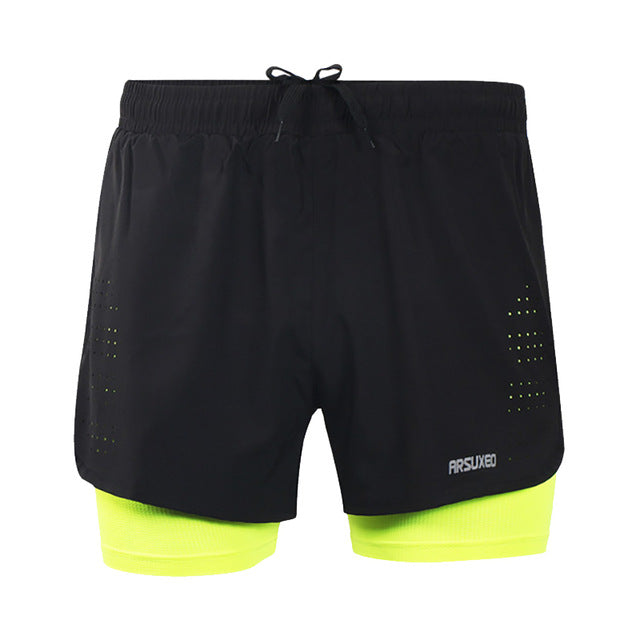 Pantaloncini da corsa 2 in 1 uomo con fodera lunga, ideali per allenamenti intensi e maratone, colore nero-giallofluo