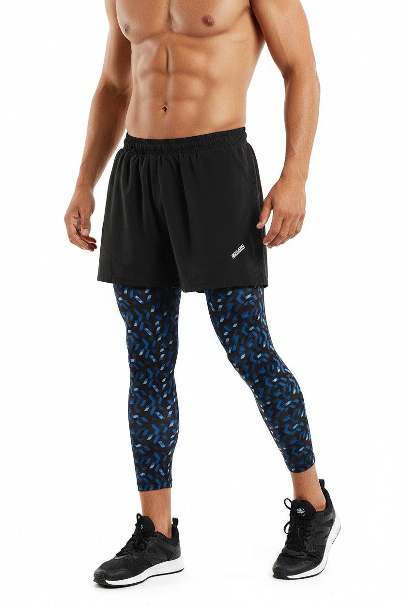 Pantaloncini da corsa 2 in 1 uomo con fodera lunga, ideali per allenamenti intensi e maratone, nero e blu