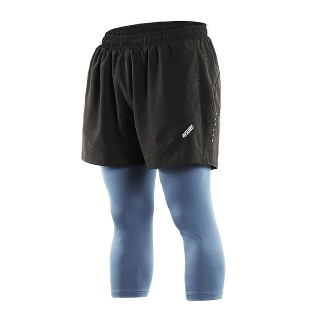 Pantaloncini da corsa 2 in 1 uomo con fodera lunga, ideali per allenamenti intensi e maratone, nero, blu