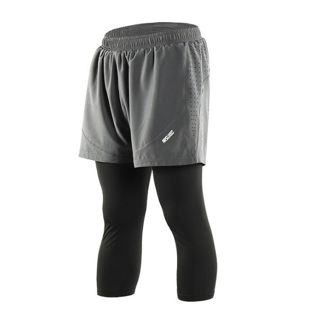 Pantaloncini da corsa 2 in 1 uomo con fodera lunga, ideali per allenamenti intensi e maratone, colore grigio e pantalonelungo nero
