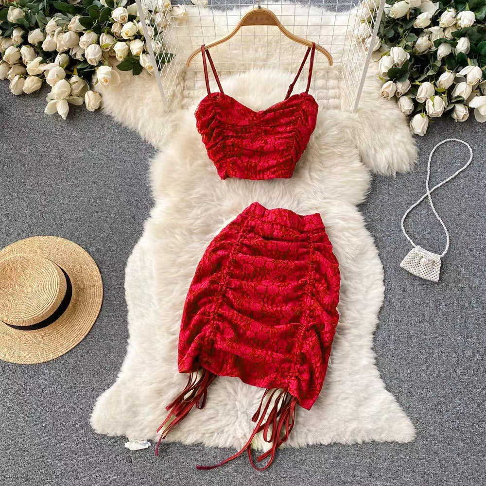Abito estivo donna due pezzi, set gonna e top in stile coreano, colore rosso