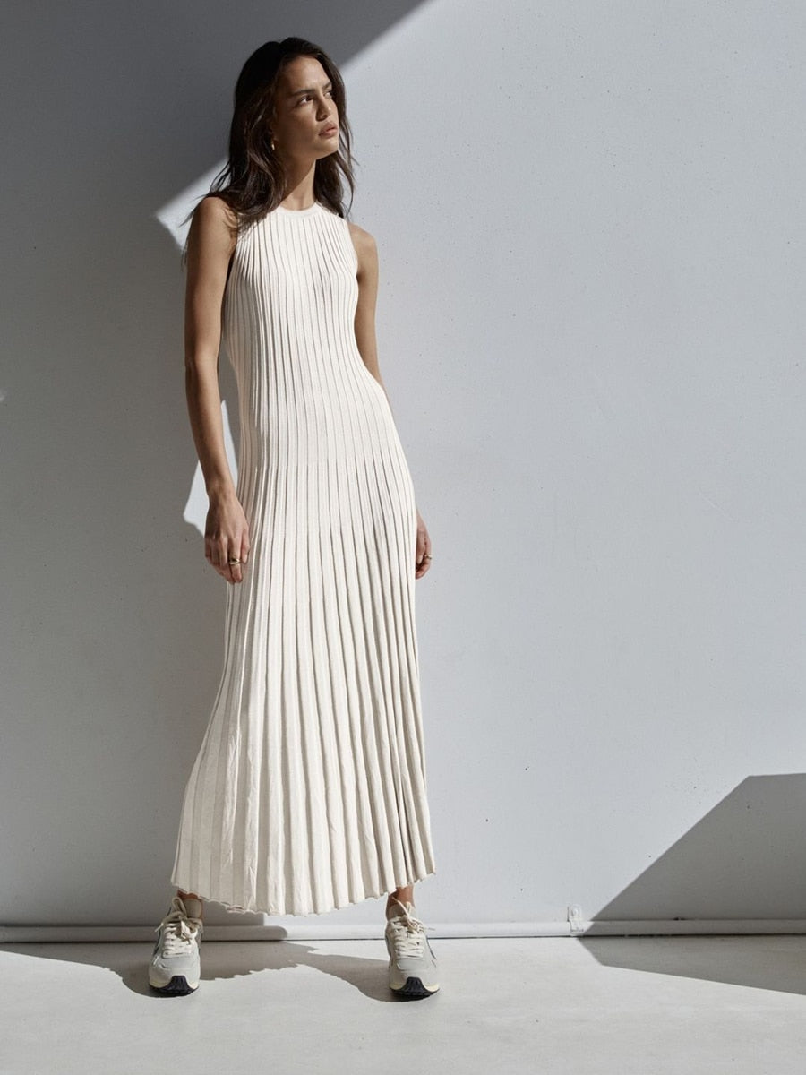 Abito lungo estivo da donna senza maniche in maglia pieghettata, colore beige