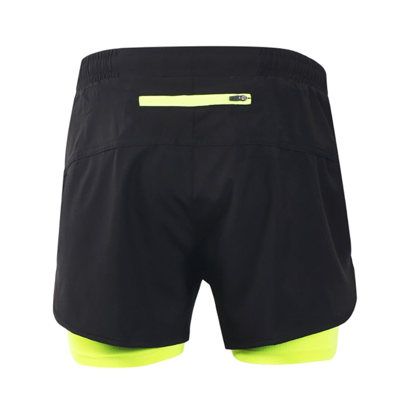 Pantaloncini da corsa 2 in 1 uomo con fodera lunga, ideali per allenamenti intensi e maratone. Vista retro con tasca