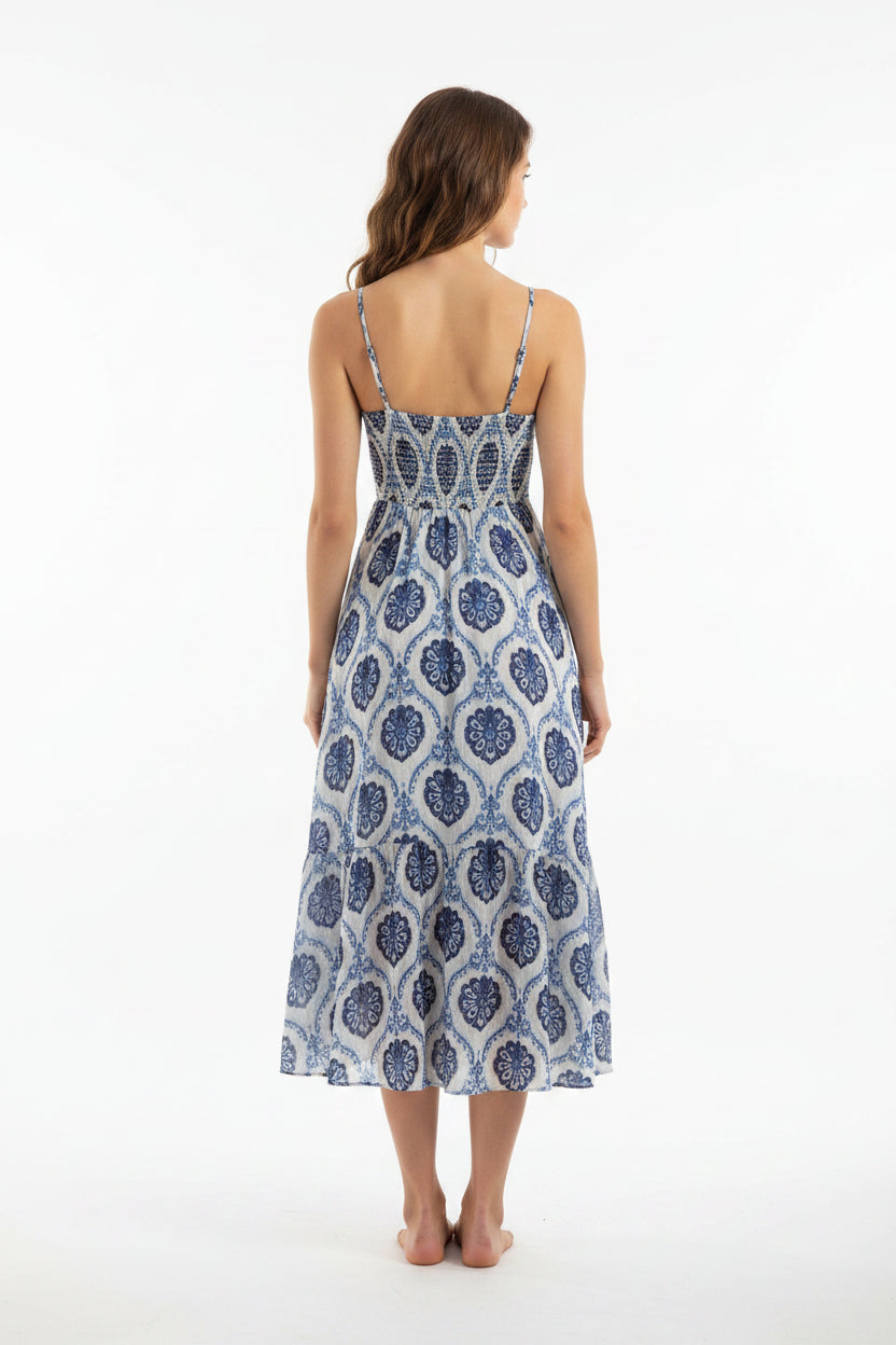 Vestito lungo estivo da donna bianco e celeste con scollo a V senza maniche