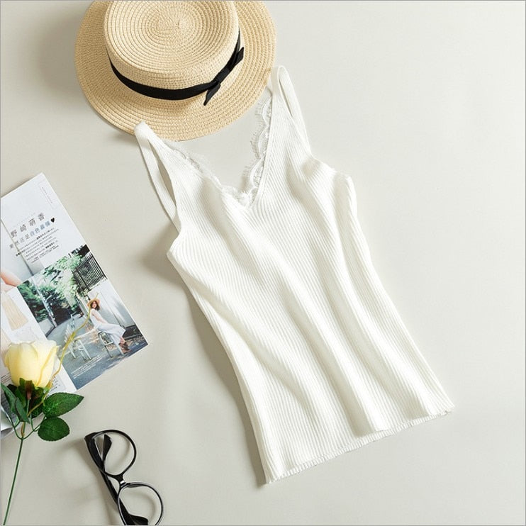 Women Hook Flower Lace Tank solid Stitching V-neck Camis Female - Loweconomy