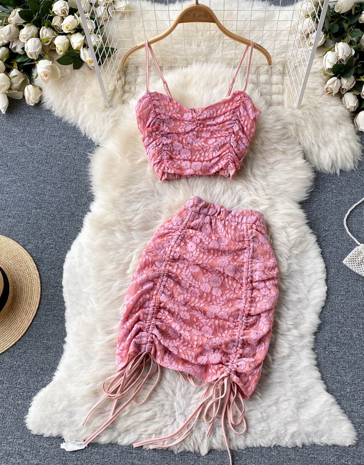 Abito estivo donna due pezzi, set gonna e top in stile coreano, colore rosa