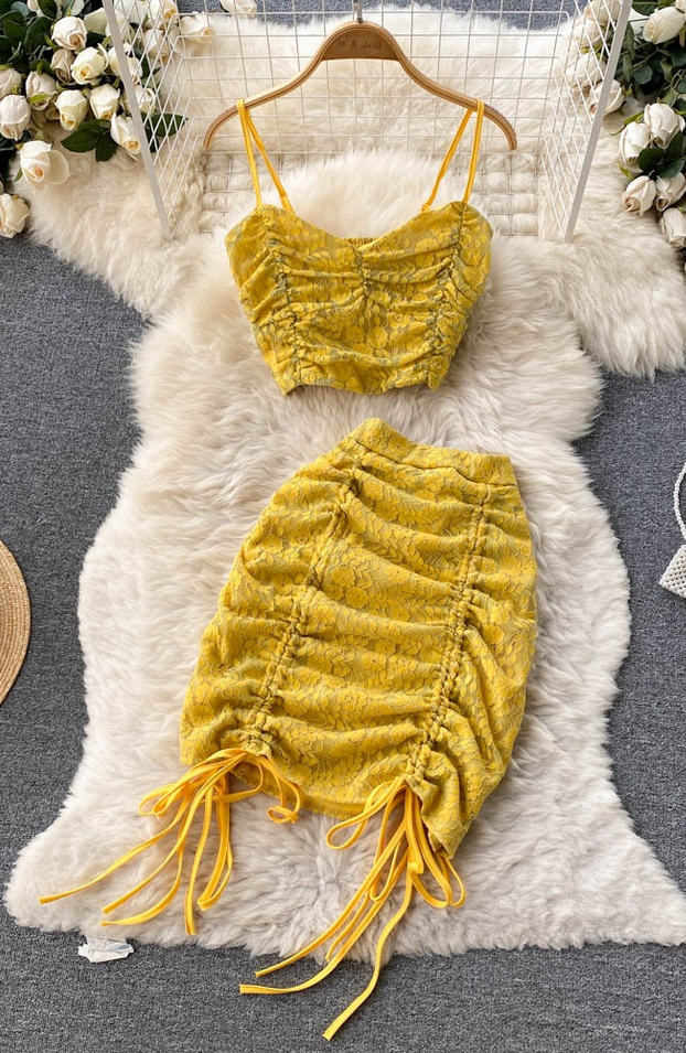 Abito estivo donna due pezzi, set gonna e top in stile coreano, colore giallo