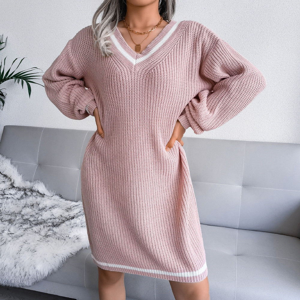 Abito in maglia donna con scollo a V – elegante per l’inverno, in tinta unica colore rosa