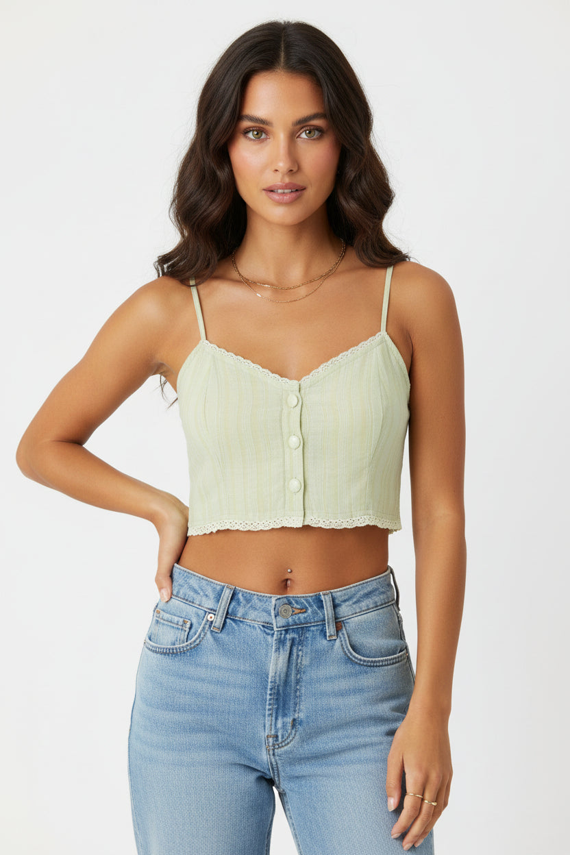 Top donna estivo celeste con spalline sottili e bottoni frontali in cotone e nylon