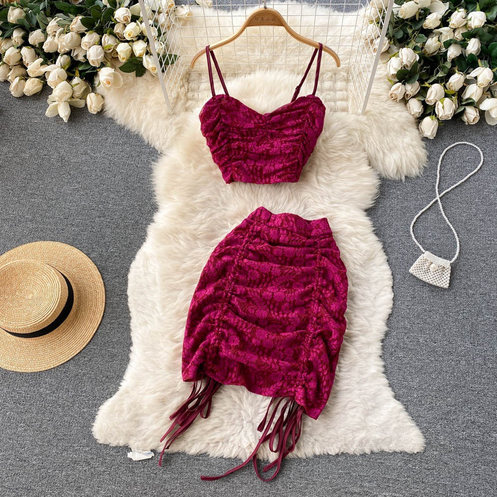 Abito estivo donna due pezzi, set gonna e top in stile coreano, colore bourdaux