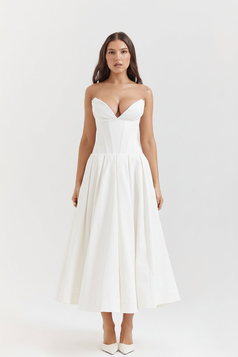 Abito elegante per donna con scollo a cuore senza spalline e manica gonna ampia