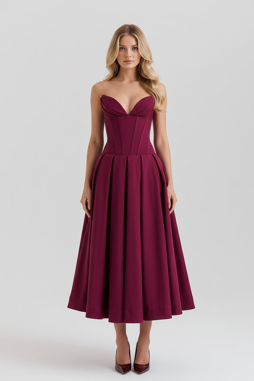 Abito elegante per donna con scollo a cuore senza spalline e manica gonna ampia