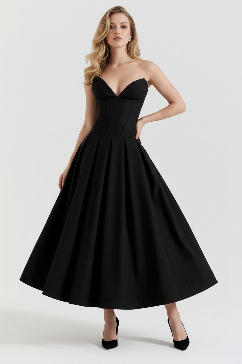 Abito elegante per donna con scollo a cuore senza spalline e manica gonna ampia