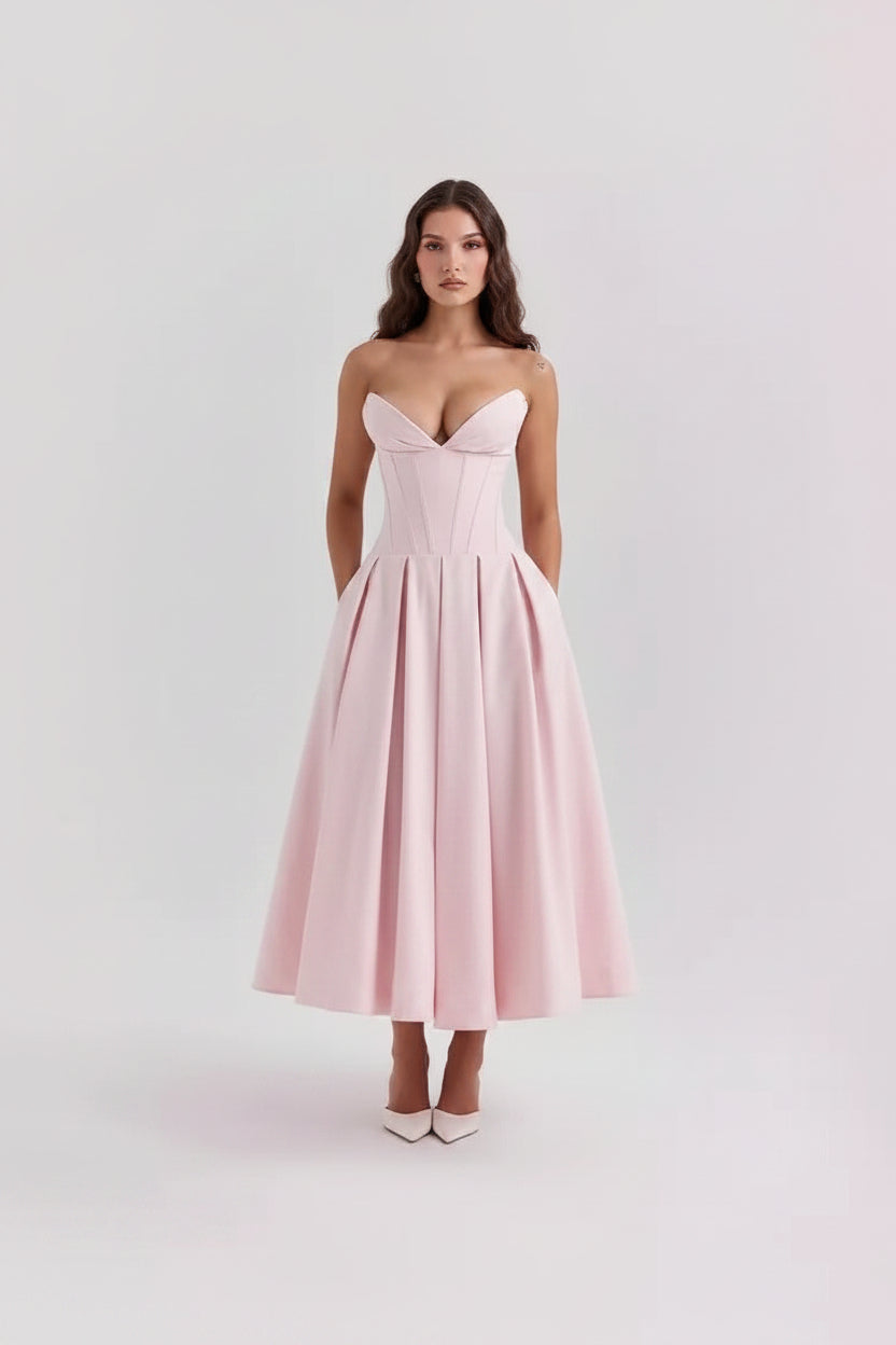 Abito elegante per donna con scollo a cuore senz spallie e manica gonna ampia