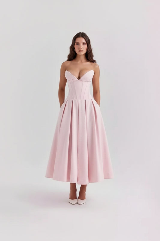 Abito elegante per donna con scollo a cuore senz spallie e manica gonna ampia