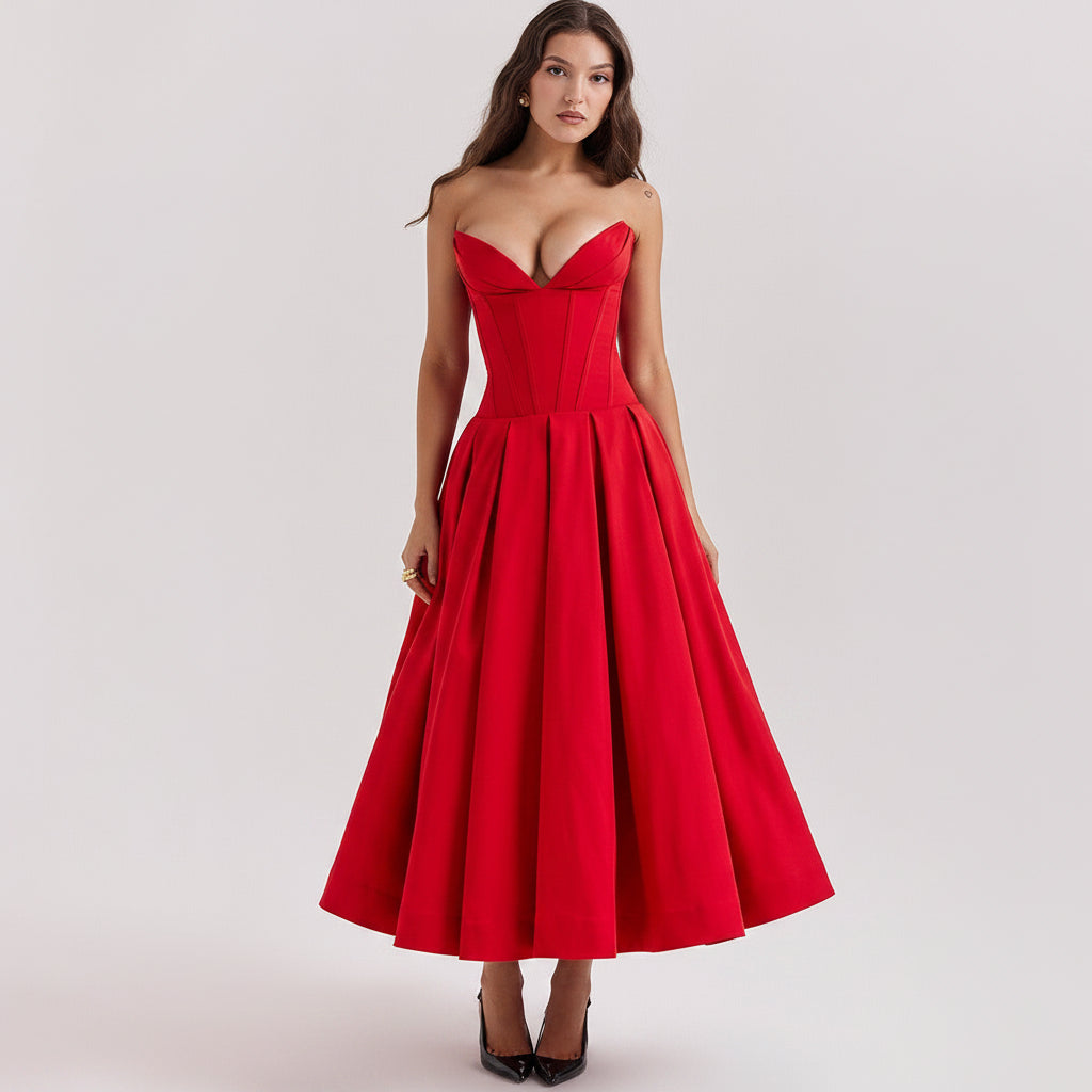 Abito elegante per donna con scollo a cuore senza spalline e manica gonna ampia
