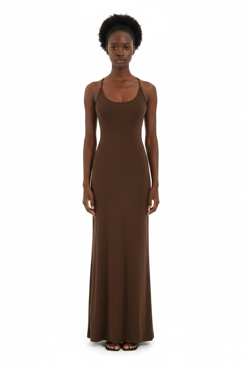 Abito lungo estivo per donna senza maniche con scollo a u, slim fit