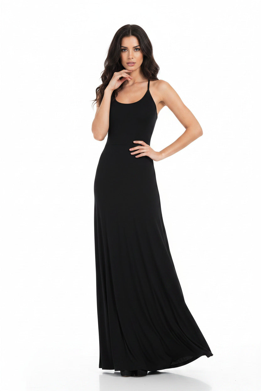 Abito lungo estivo per donna senza maniche con scollo a u, slim fit