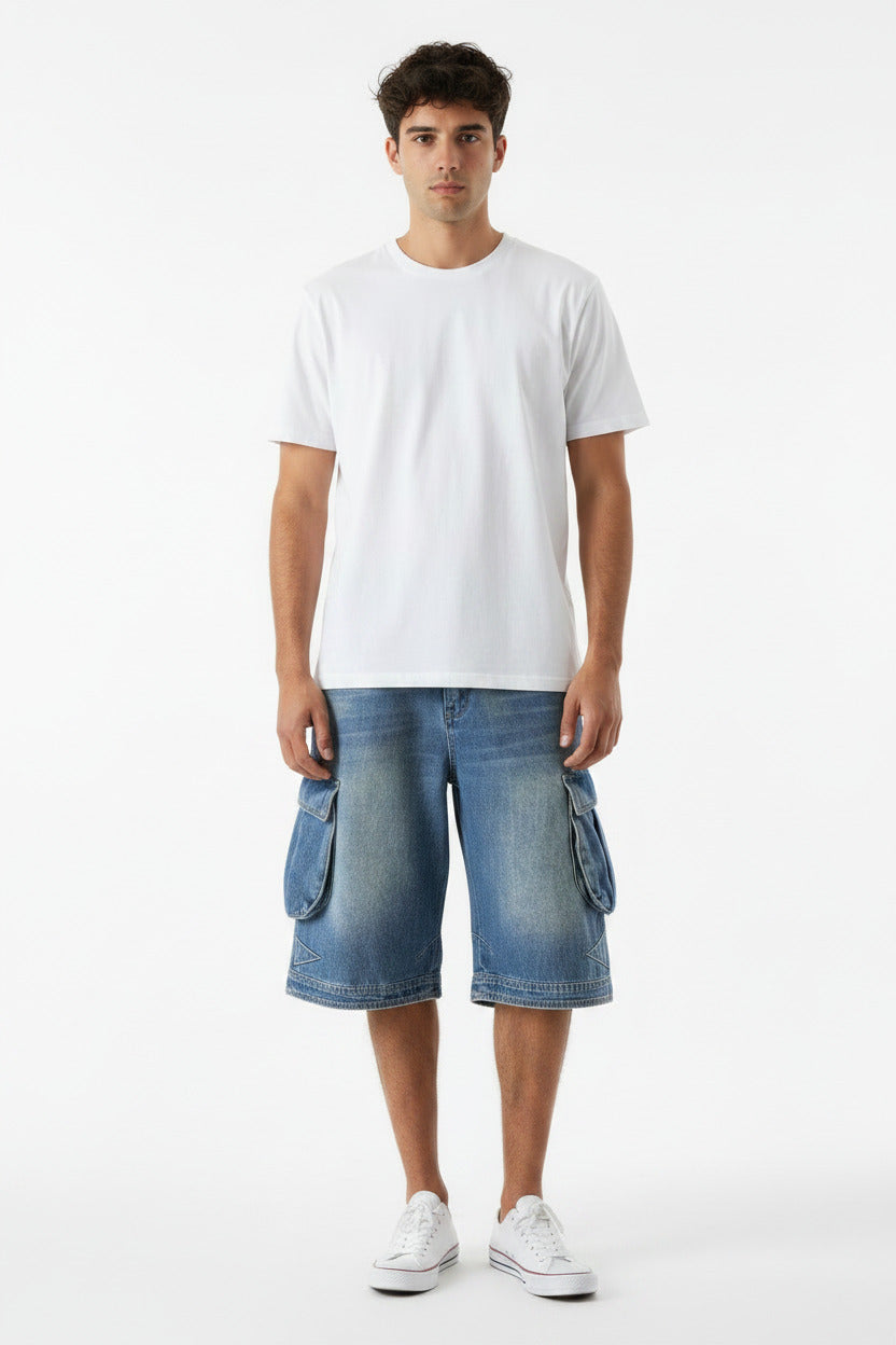Bermuda a jeans per uomo multitasche, estiv vestibilità ampia