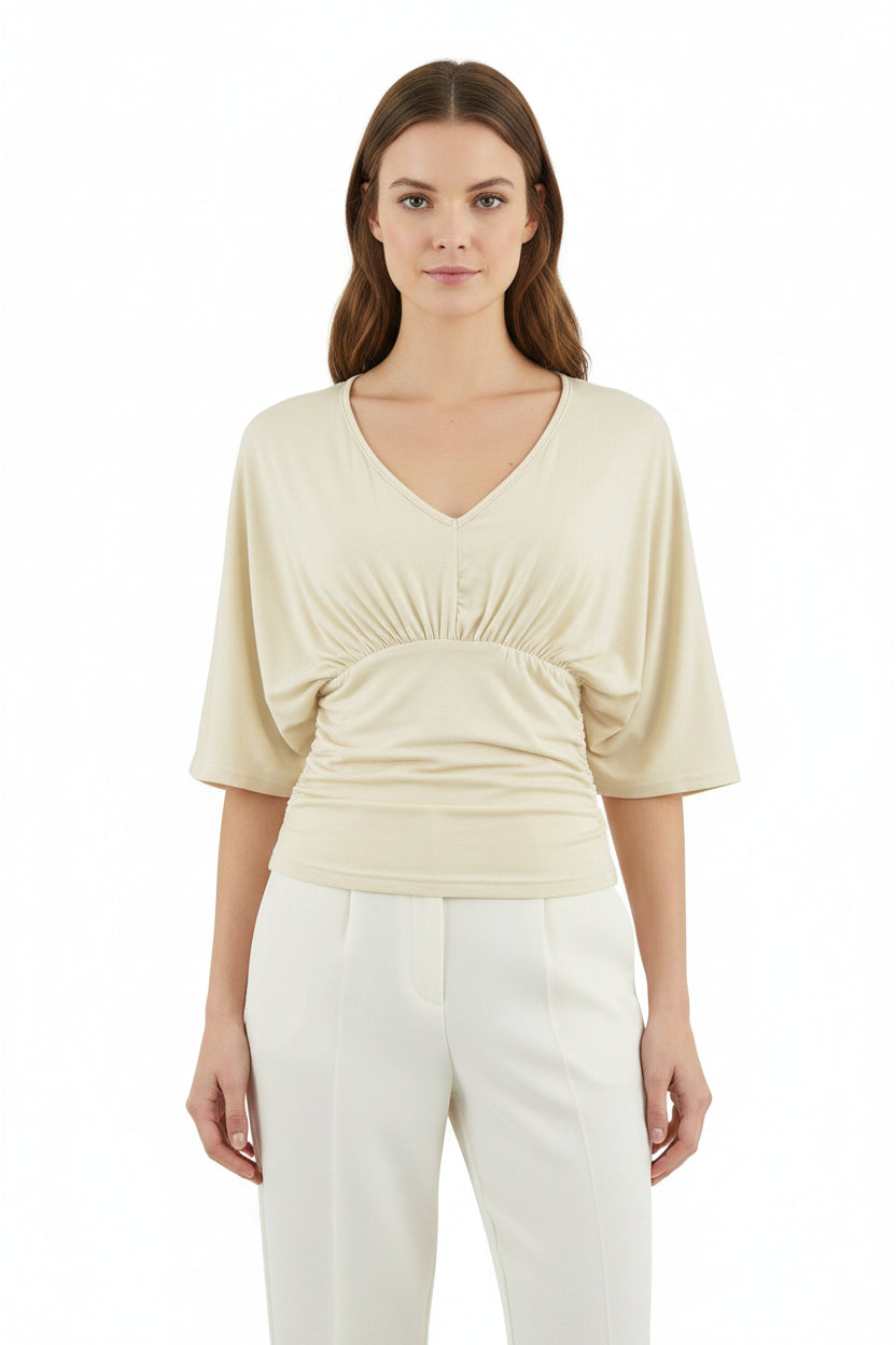 Blusa donna slim fit grigia con scollo a V, manica corta ampia e design arricciato in vita