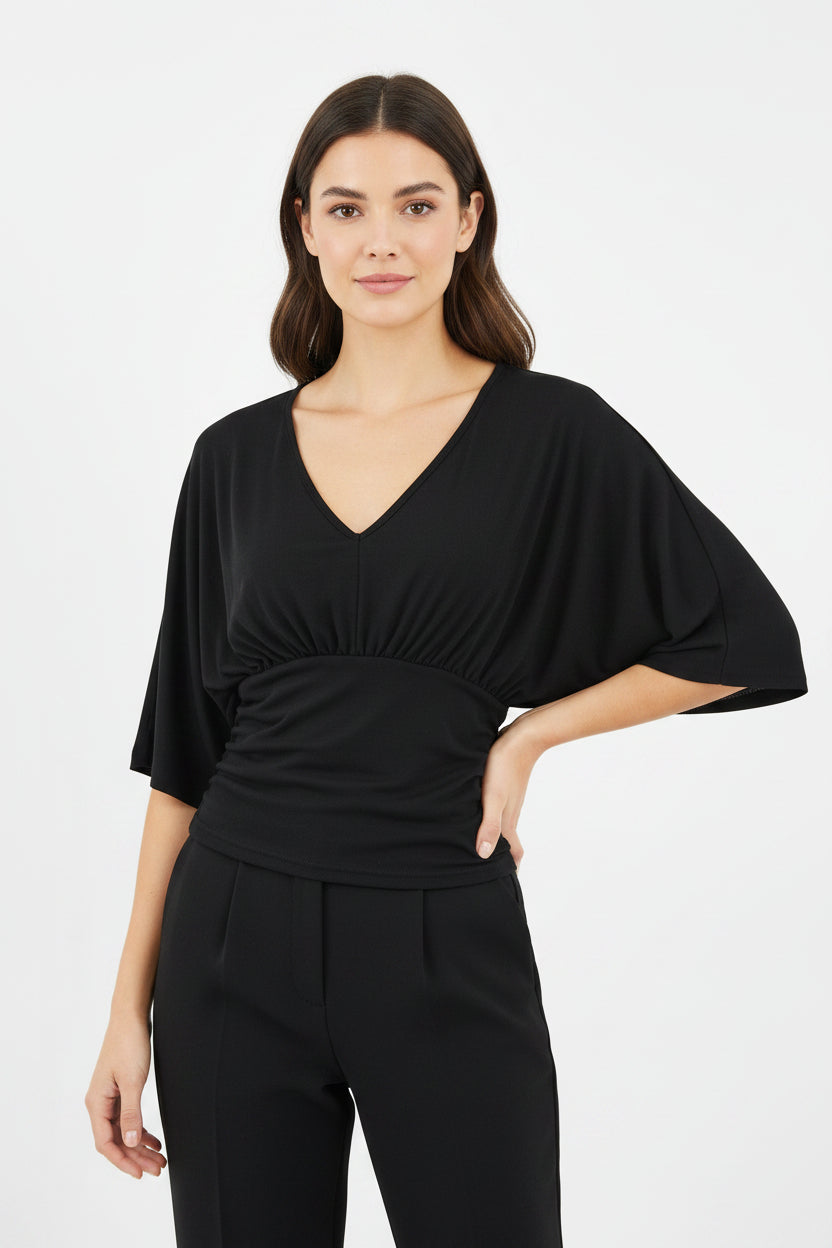 Blusa donna slim fit grigia con scollo a V, manica corta ampia e design arricciato in vita