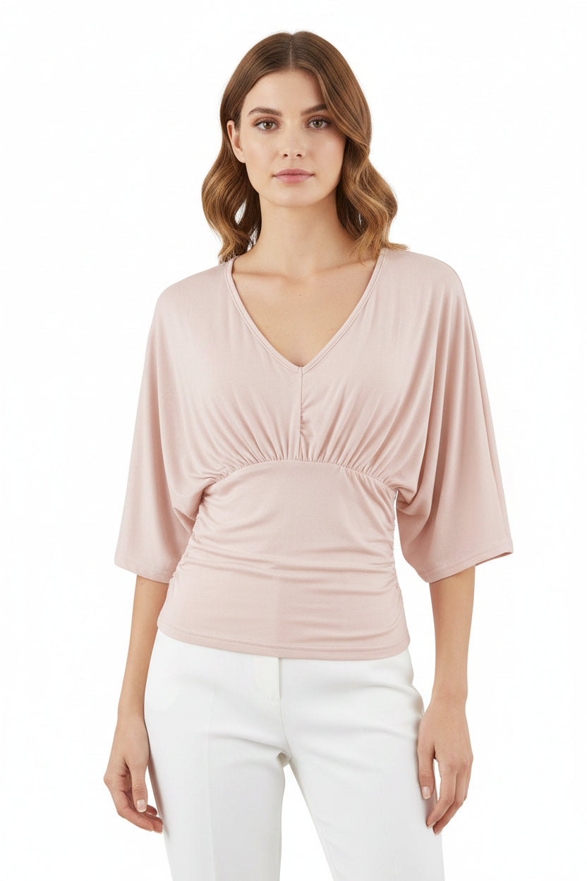 Blusa donna slim fit grigia con scollo a V, manica corta ampia e design arricciato in vita