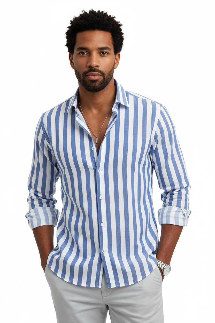 Camicia estiva per uomo a maniche lunghe con collettocon fantasia a striscie verticali