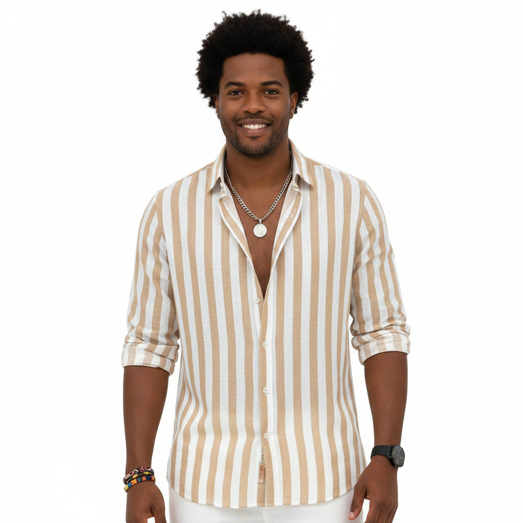 Camicia estiva per uomo a maniche lunghe con collettocon fantasia a striscie verticali