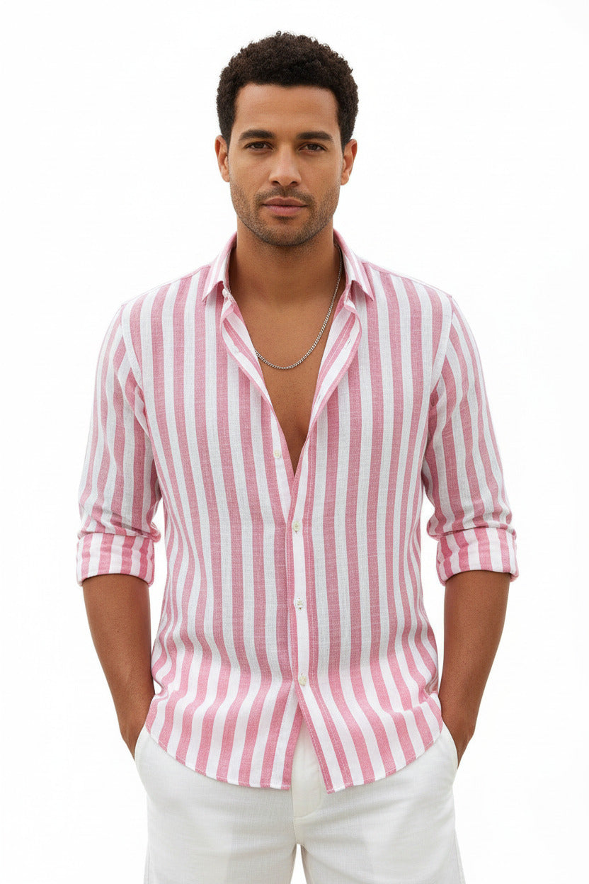 Camicia estiva per uomo a maniche lunghe con collettocon fantasia a striscie verticali