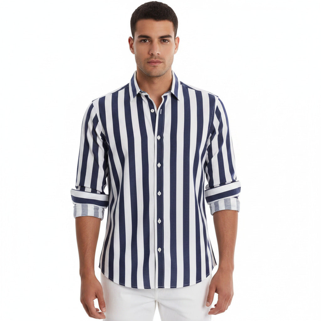 Camicia estiva per uomo a maniche lunghe con collettocon fantasia a striscie verticali