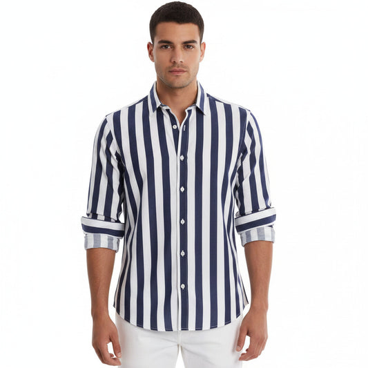 Camicia estiva per uomo a maniche lunghe con collettocon fantasia a striscie verticali