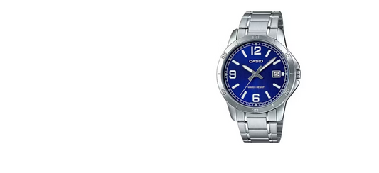Elegante orologio Casio MTP-V004D-2B con cassa in acciaio inox, quadrante blu e cinturino in acciaio. Movimento al quarzo, resistenza all'acqua fino a 50 m.