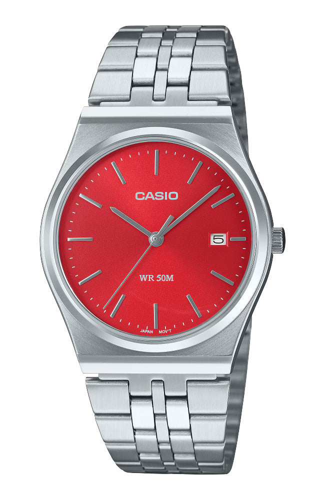 Orologio Casio MTP-B145D-4A da uomo con bracciale in acciaio inox, quadrante rosso, movimento al quarzo e design elegante.