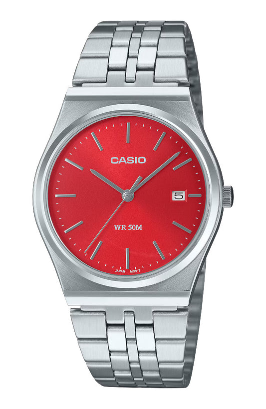 Orologio Casio MTP-B145D-4A da uomo con bracciale in acciaio inox, quadrante rosso, movimento al quarzo e design elegante.