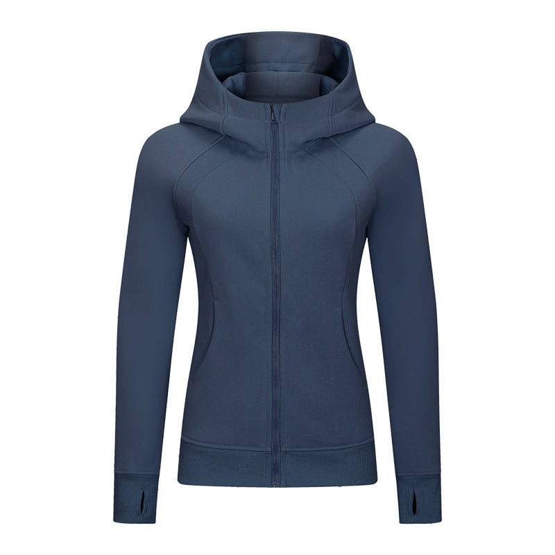 Giacca sportiva donna termica con cappuccio, colore blu scuro