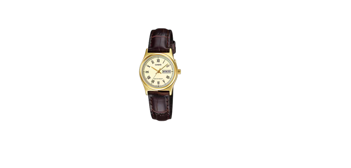 Elegante orologio Casio LTP-V006GL-9B con cassa placcata oro, quadrante champagne e cinturino in pelle marrone. Movimento al quarzo, resistenza all'acqua fino a 30 m
