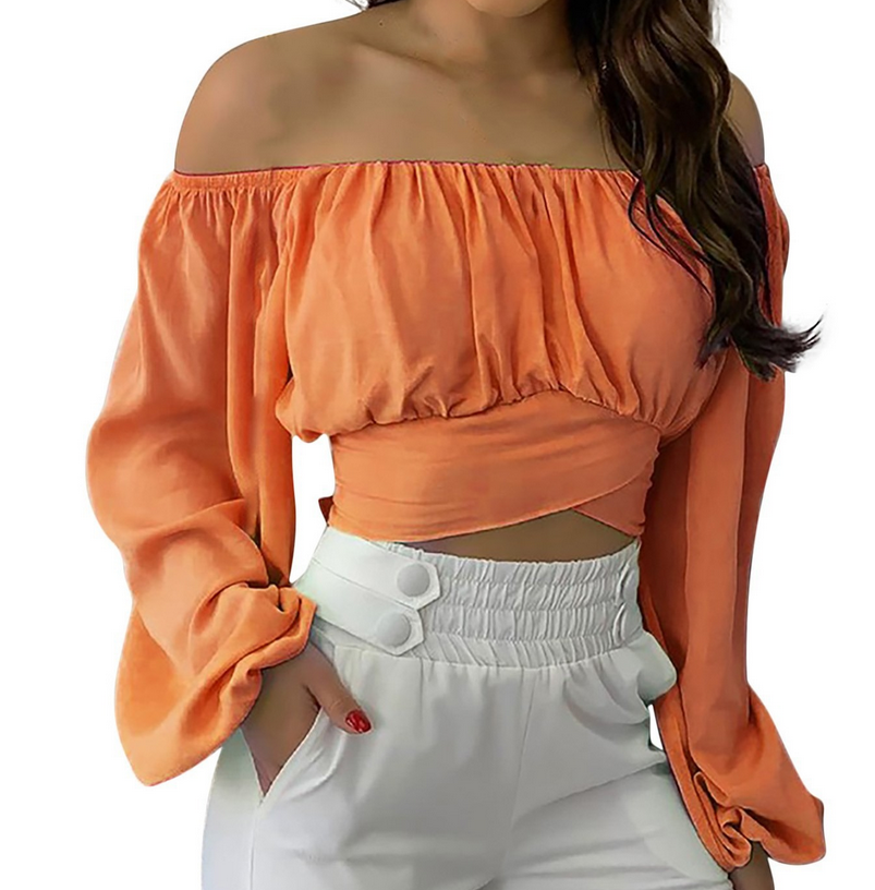 Top elegante a maniche lunghe con cravatta incrociata e spalle scoperte da donna, perfetto per look casual e serate eleganti, colore arancione