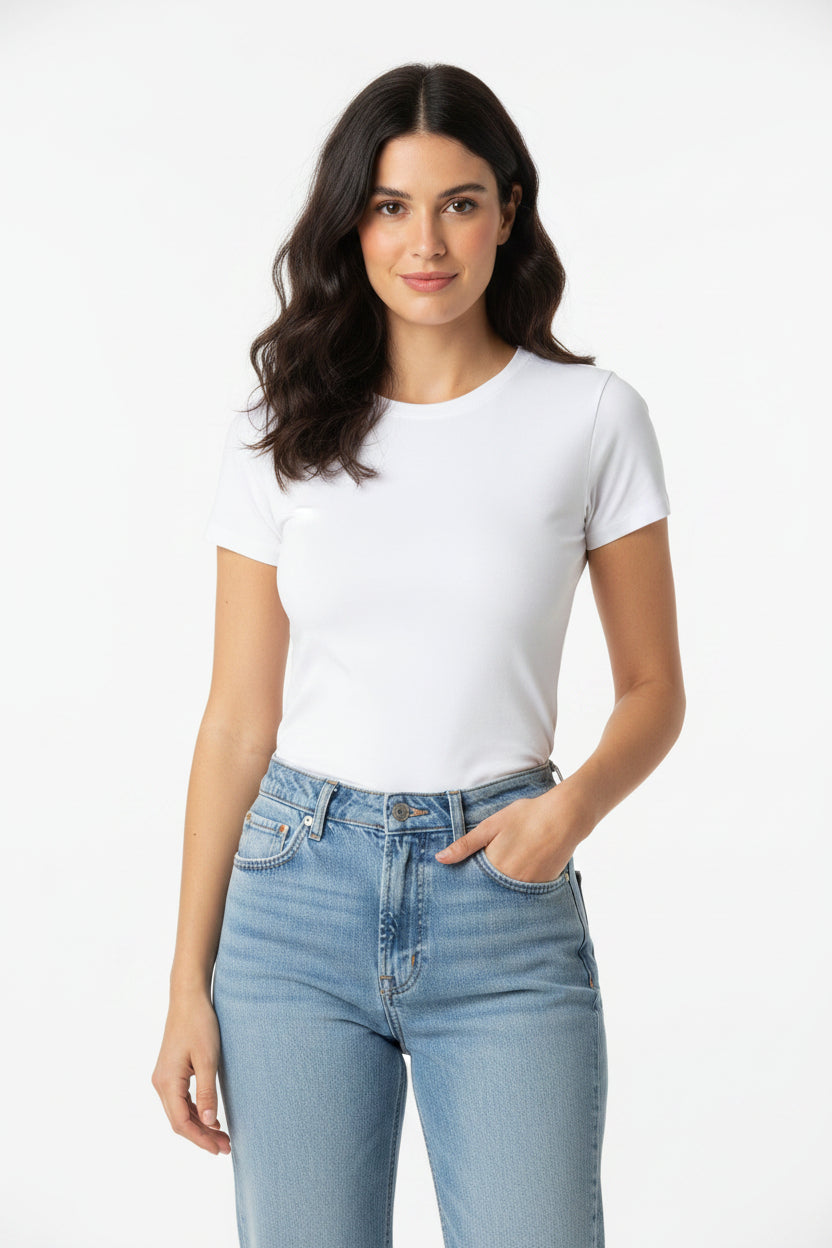 Maglietta donna estiva slim fit in tinta unita elasticizzata con girocollo e manica corta