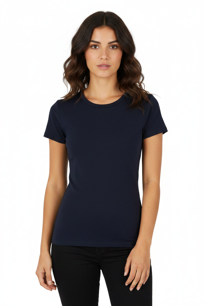 Maglietta donna estiva slim fit in tinta unita elasticizzata con girocollo e manica corta