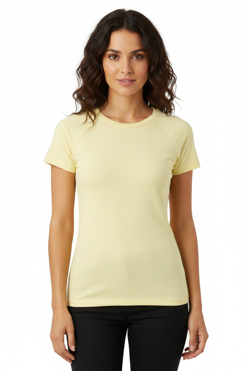 Maglietta donna estiva slim fit in tinta unita elasticizzata con girocollo e manica corta