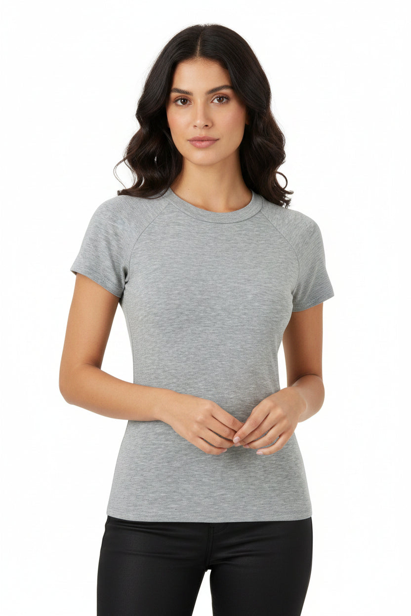 Maglietta donna estiva slim fit in tinta unita elasticizzata con girocollo e manica corta