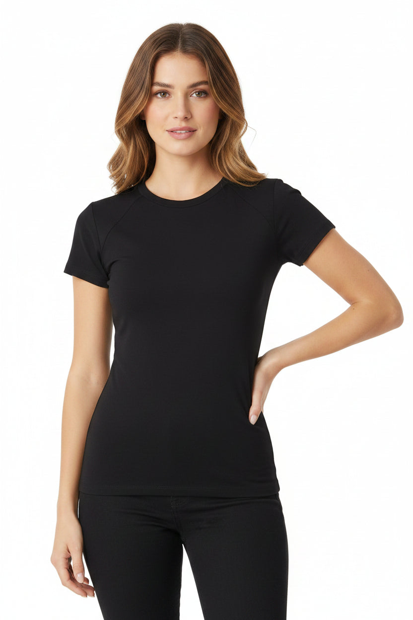 Maglietta donna estiva slim fit in tinta unita elasticizzata con girocollo e manica corta