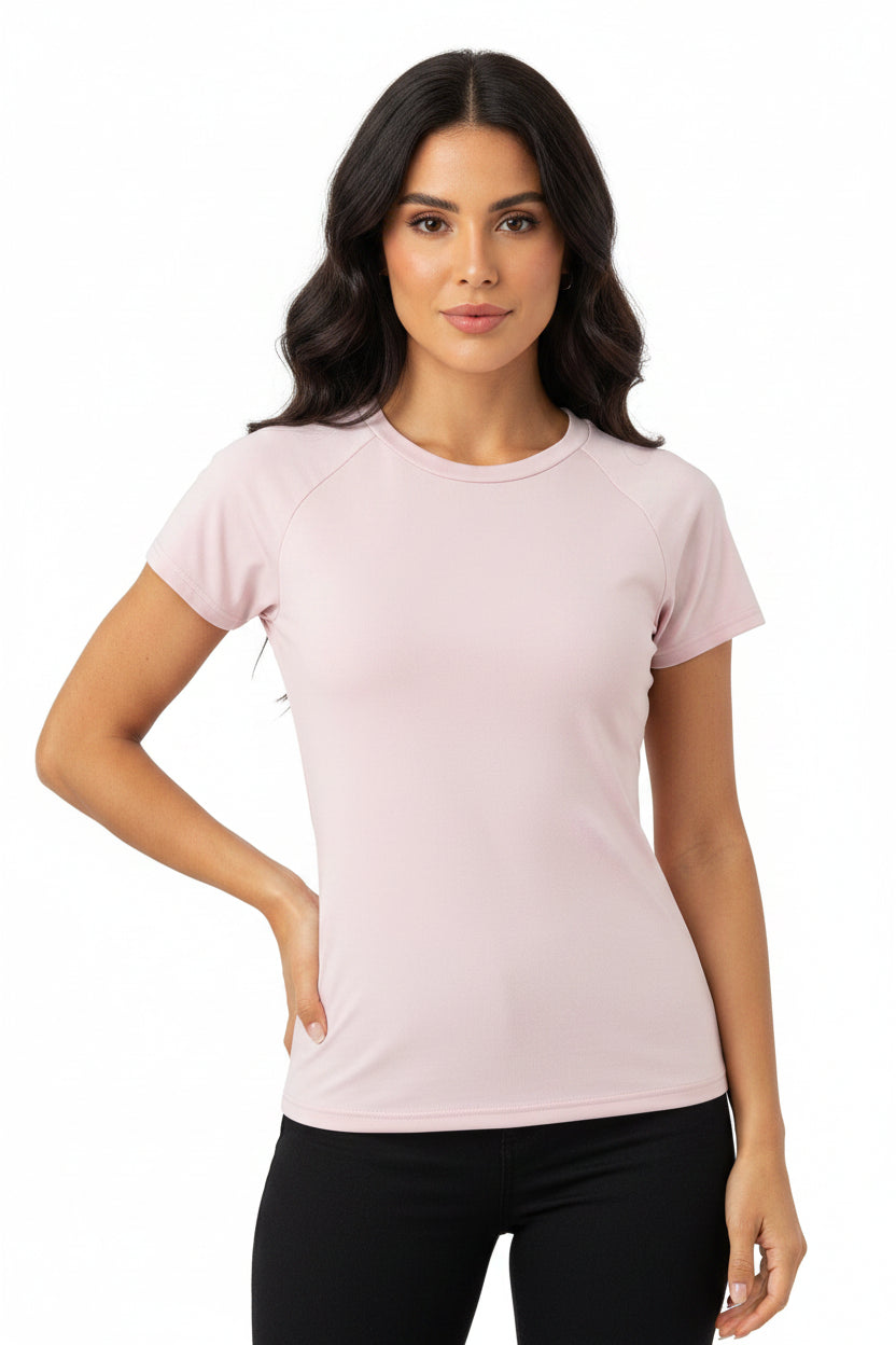 Maglietta donna estiva slim fit in tinta unita elasticizzata con girocollo e manica corta